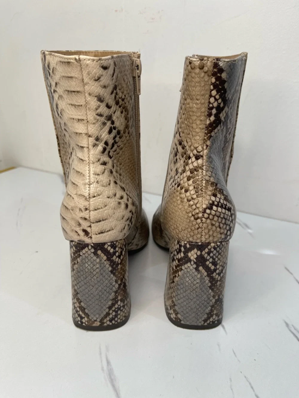 BAMBOO Snake-Print Block Heel Ankle Boots in Beige and Brown Size 7.5M